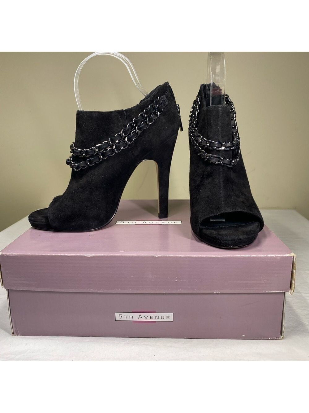 5th Avenue Black Suede Peep Toe Pumps w/ Chain Detail 8